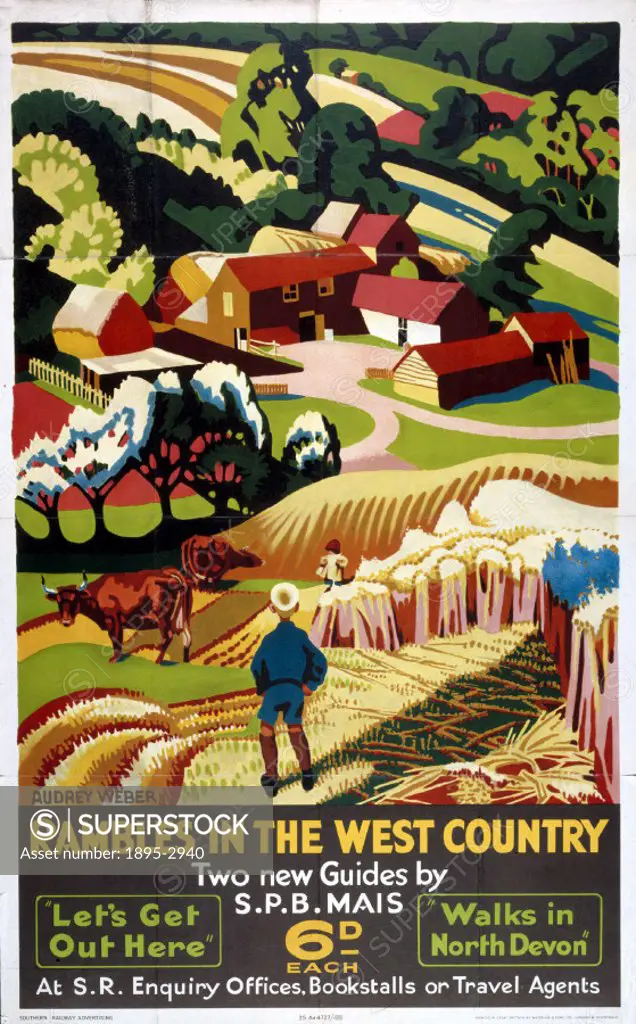 Poster produced for Southern Railway (SR) to promote rail services to the West Country for rambling. Artwork by Audrey Weber.