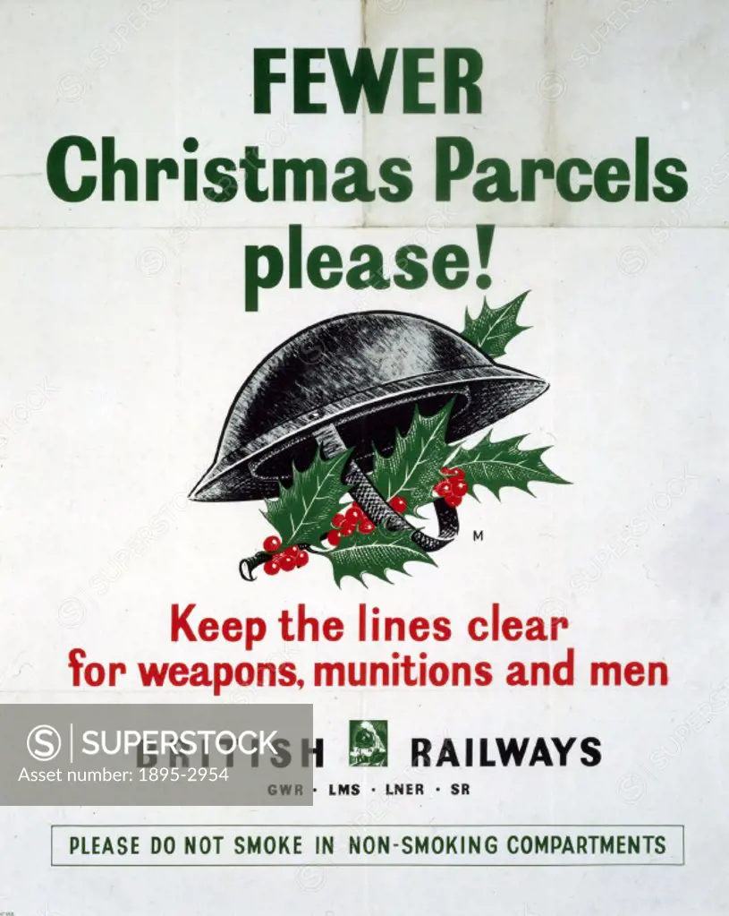 Poster produced for Great Western Railway (GWR), London, Midland & Scottish Railway (LMS), London & North Eastern Railway (LNER) and Southern Railway ...