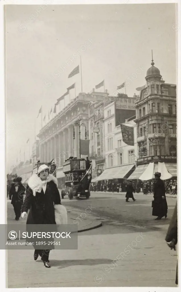 A snapshot photograph of Oxford Street, London, taken by an unknown photographer in 1915.  The photograph shows Oxford Street, looking west. Selfridge...