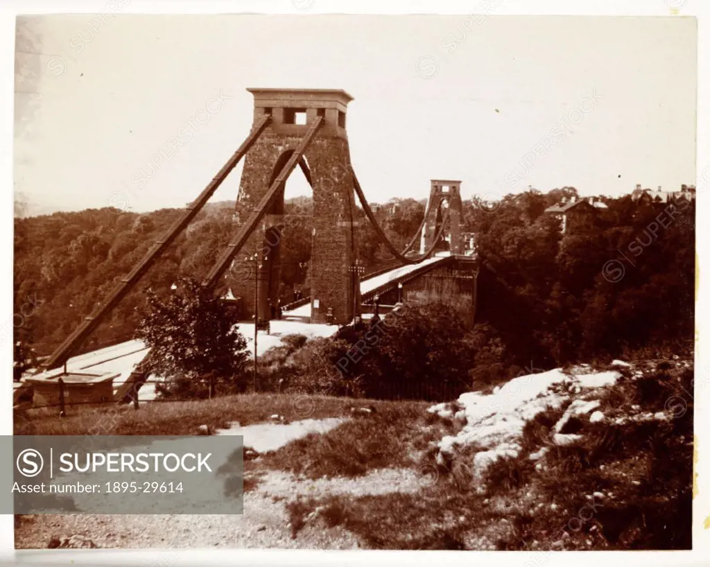 A snapshot photograph of the Menai Suspension Bridge, Wales, taken by an unknown photographer in about 1900.  The suspension bridge, linking Wales to ...