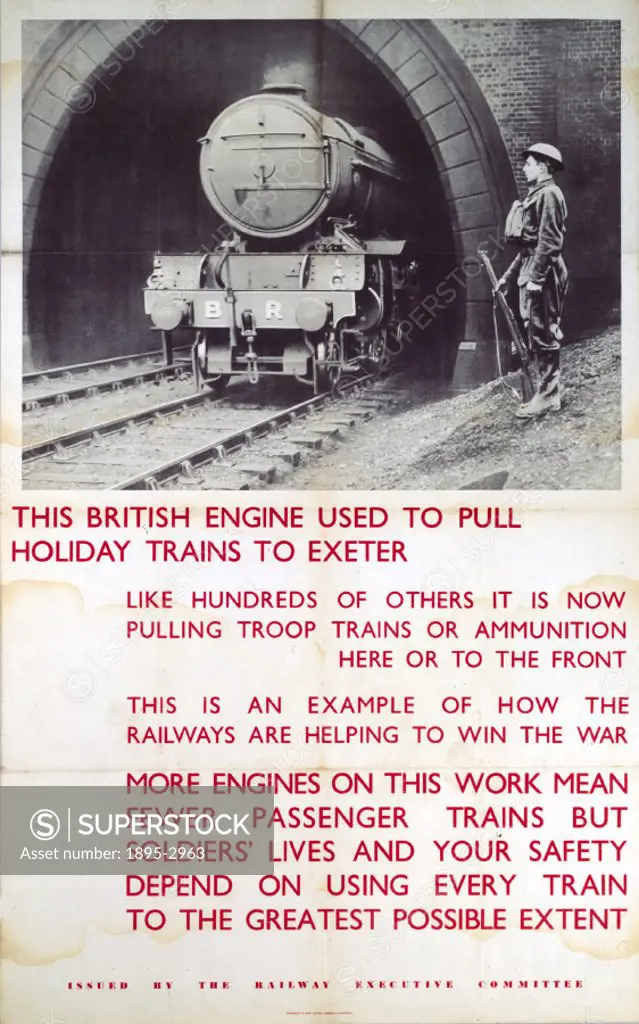 Poster produced for the Railway Executive Committee to remind passengers of the need to use trains for the war effort.  Passengers had to be patient d...