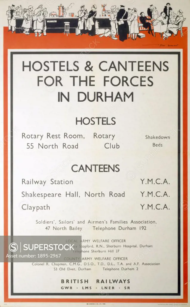 British Railways (GWR/LMS/LNER/SR) poster. ´Hostels & Canteens for the Forces in Durham´ by Bert Thomas.