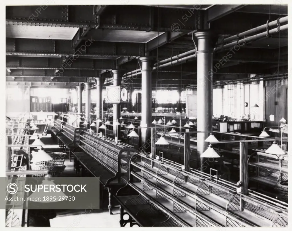 A snapshot photograph of the interior of the South-Western District mail sorting office at Victoria, London,  taken by an unknown photographer on East...