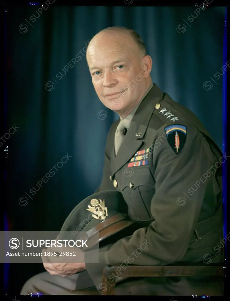 Kodachrome colour transparency of General Dwight D Eisenhower (1890-1969) taken by J C A Redhead (1886-1954), during World War Two. Eisenhower had ser...