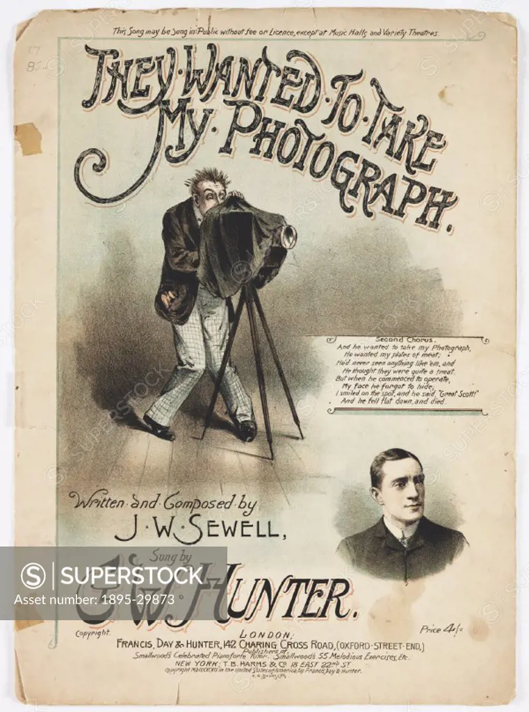 The cover of a songsheet, published in 1897, for a comic song entitled ´They wanted to take my photograph´, with words and music by J. W. Sewell, perf...