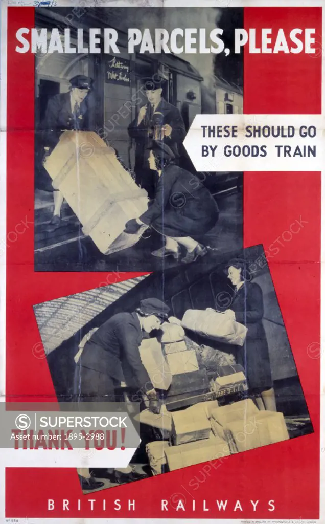 Poster produced for British Railways (BR) to remind passengers that smaller parcels are easier to handle, and that they should be sent by goods trains...