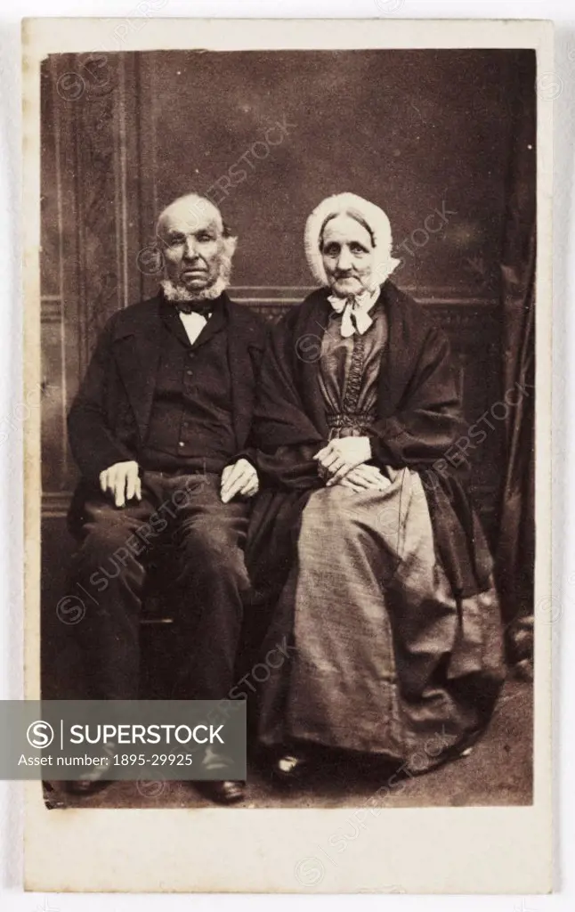 A carte-de-visite of an elderly couple, taken by an unknown photographer in about 1870.  A carte-de-visite is a photograph mounted on a piece of card ...