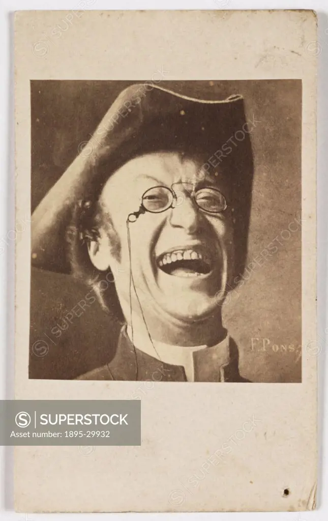 A carte-de-visite portrait of a laughing man wearing a tricorn hat, taken by F Pons in about 1875.  A carte-de-visite is a photograph mounted on a pie...