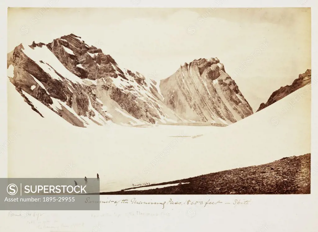 A photograph of the view from the summit of the Manirung Pass in the Himalayas, Spiti, India, taken by Samuel Bourne (1834-1912), in about 1865.  Samu...
