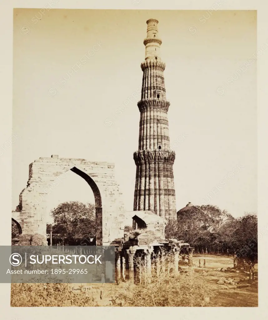 A photograph of the Kutub Minar tower, Delhi, India, taken by Samuel Bourne (1834-1912), in about 1865  The tower´s foundations were laid in 1199. It ...