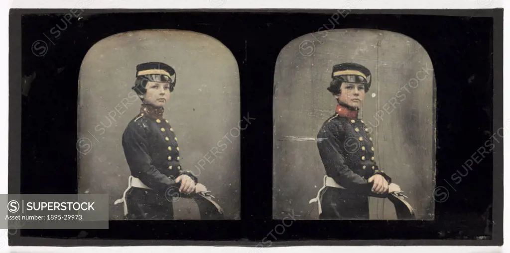A hand-coloured stereoscopic daguerreotype portrait of a youtng man wearing military uniform, taken by an unknown photographer in about 1855.  In 1832...