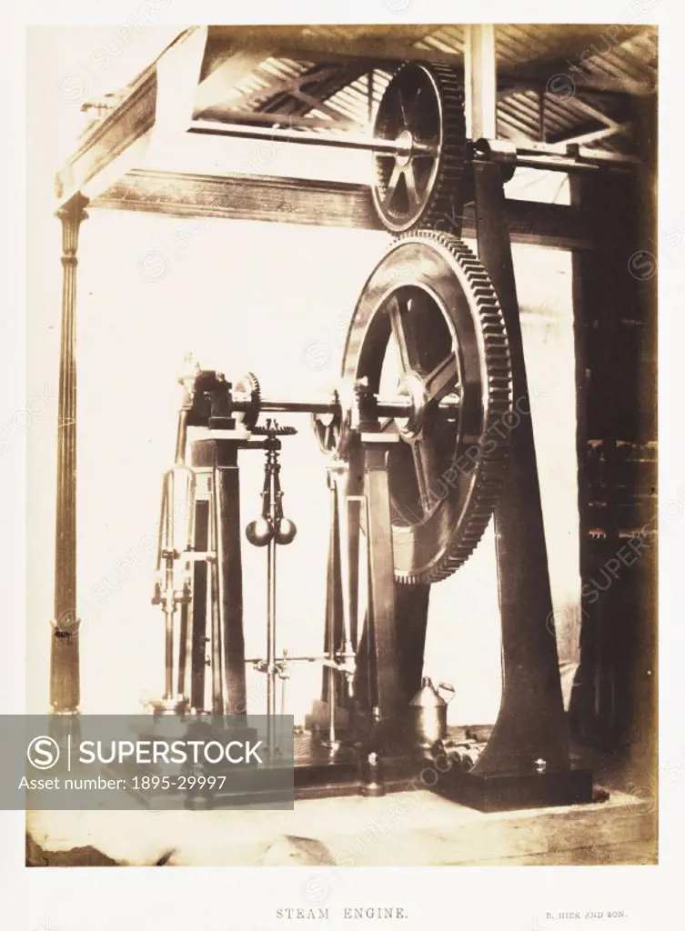 A photograph of a steam engine, manufactured by Hick and Son of Bolton, Lancashire and exhibited at the Great Exhibition, taken by Claude-Marie Ferrie...