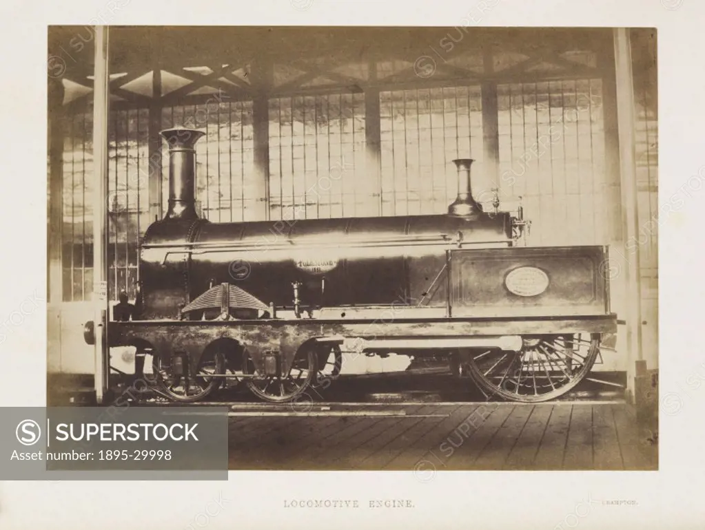 Photograph by Claude-Marie Ferrier (1811-1889) of a railway locomotive named ´Folkstone´, manufactured by T R Crampton. It was exhibited at the Great ...