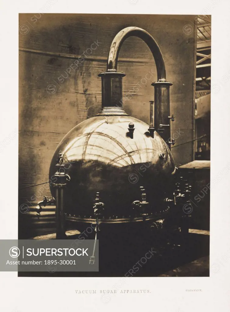 A photograph of vacuum apparatus used in the manufacture of sugar, manufactured by Heckmann of Prussia and shown at the Great Exhibition, taken by Cla...