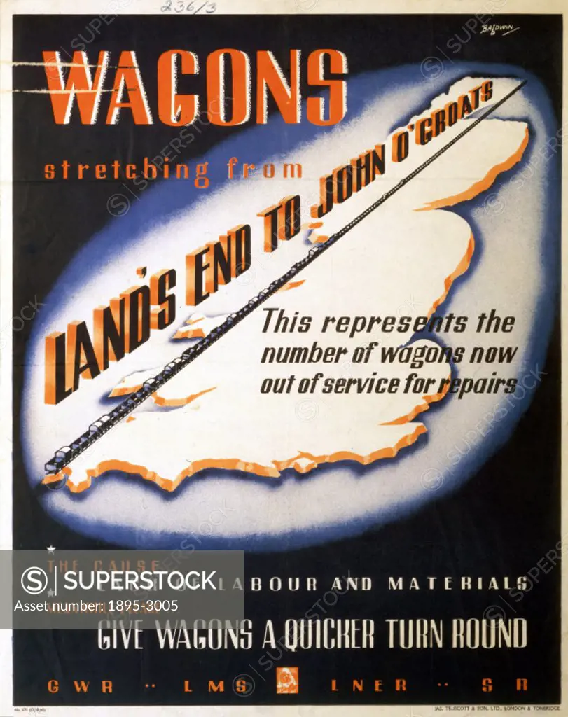GWR/LMS/LNER/SR poster. ´Wagons stretching from Land´s End to John O´Groats - Give Wagons a Quicker Turn Round´ by Baldwin, 1945.