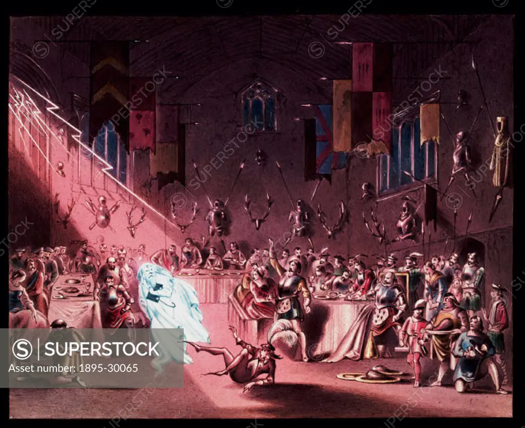 A hand-painted, large format magic lantern slide depicting a ghost appearing at a banquet in a medieval hall, painted by an unknown artist and shown a...