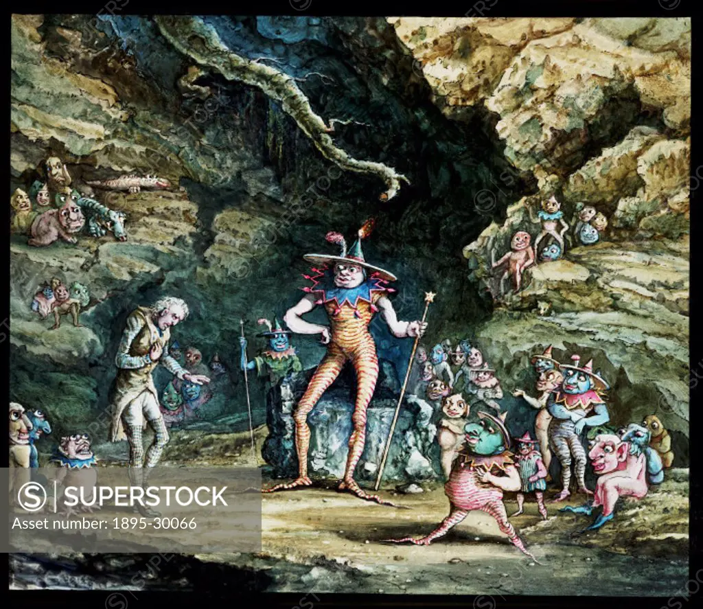 A hand-painted, large format magic lantern slide depicting a group of goblins, painted by an unknown artist and shown at the Royal Polytechnic Institu...