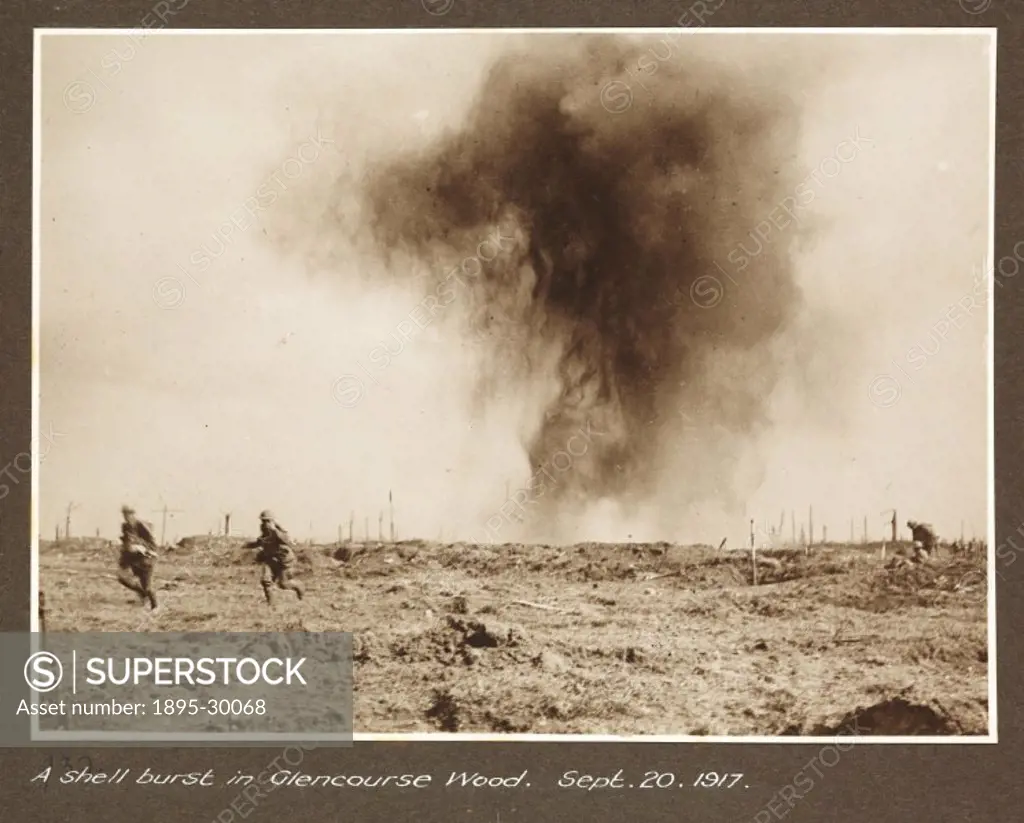 A photograph of a shell exploding in no man´s land, taken by an unknown photographer on 20 September 1917, during World War One.  This photograph show...