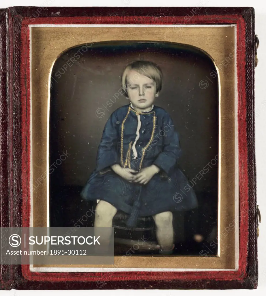 A hand-coloured daguerreotype of a young child, taken by J. Paul in about 1850.  In 1839, the Daguerreotype, invented by Louis Jacques Mande Daguerre ...