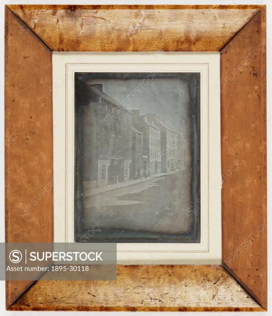 A daguerreotype of a street in Cork, Ireland, taken by John Nott in about 1840.  An inscription on the reverse of the frame reads: ´The first Daguerre...