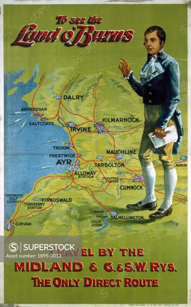 Poster produced for Midland Railway (MR) and GSWR to promote rail travel to promote rail travel to Scotland, home of the poet Robert Burns.  Artwork b...