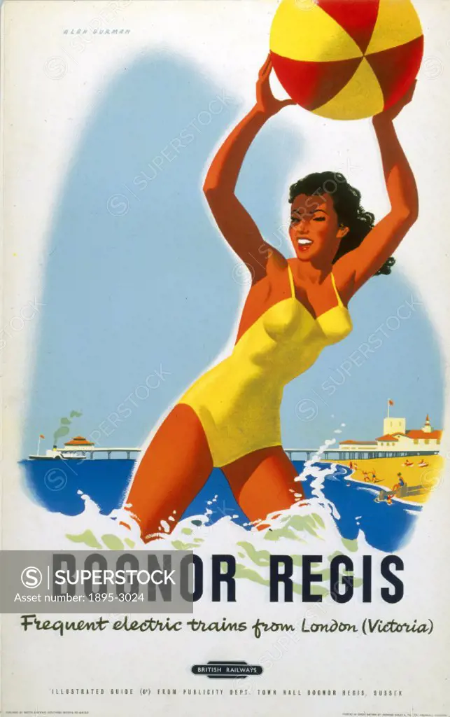 Poster produced for British Railways (BR) to promote the companys frequent electric trains from London Victoria to the West Sussex coastal resort of ...