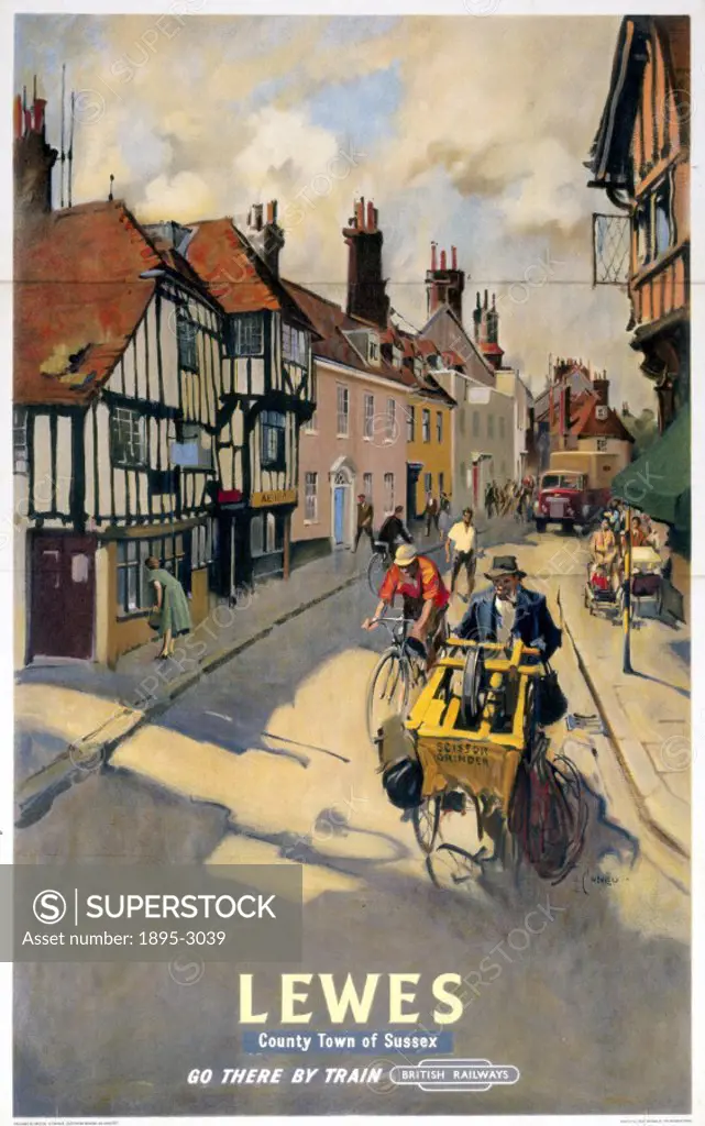 Poster produced for British Railways (BR), Southern Region (SR), showing a view of a street in the East Sussex town of Lewes, where a man is seen push...
