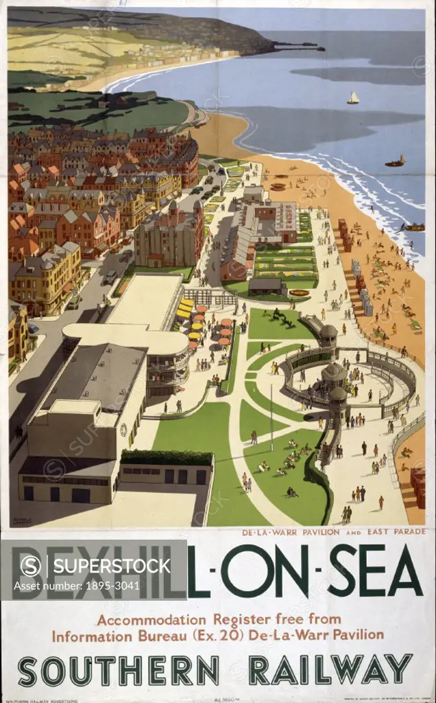 Poster produced for Southern Railway (SR) to promote rail travel to Bexhill-on-Sea, West Sussex. The poster shows a view of the De-La-Warr Pavilion an...