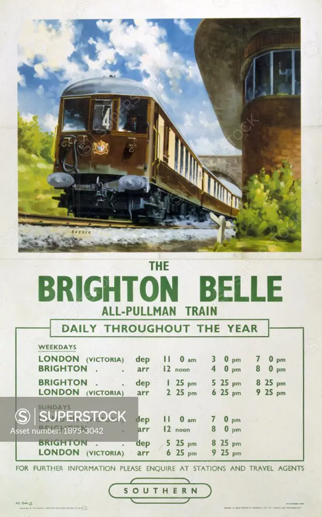 Poster produced for British Railways (BR) to promote rail services between London Victoria and Brighton on the Brighton Belle. Artwork by Barber.