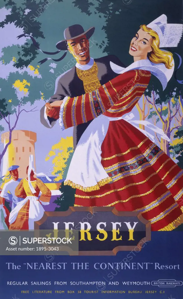 Poster produced for British Railways (BR) to promote travel to Jersey, the Nearest the Continent’ resort, which could be reached by regular sailings ...