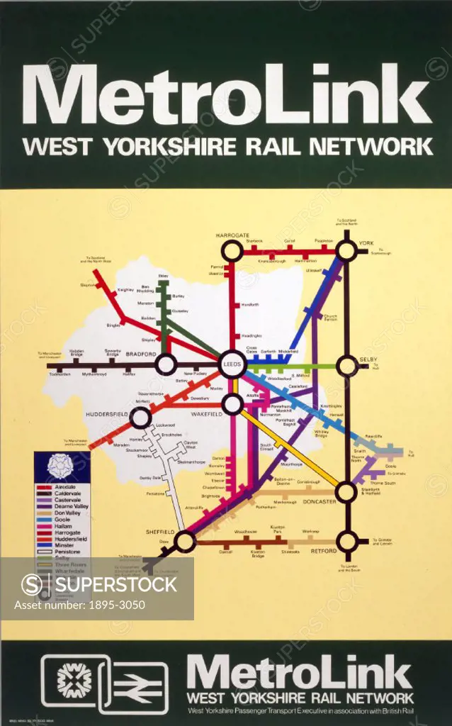 Poster produced for British Rail (BR) to promote the West Yorkshire Rail Network services, illustrated with an image of the network.