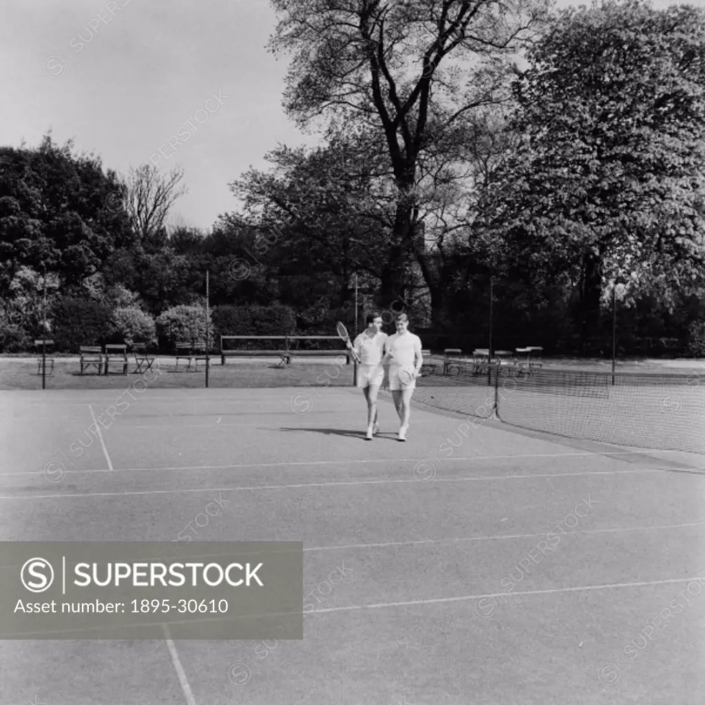 A photograph of two men leaving a tennis court, taken by Photographic Advertising Limited in 1955.  Photographic Advertising Limited was founded in 19...
