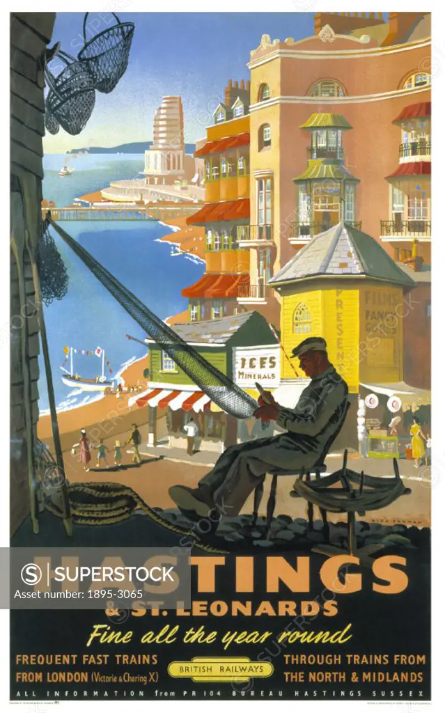 Poster produced for British Railways (BR) to promote rail travel to Hastings and St Leonards, East Sussex. The poster shows a fisherman making or mend...