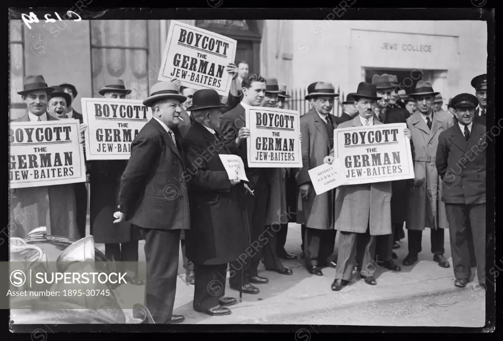 A photograph of Jewish protestors outside Woburn House in Bloomsbury, London, taken by Woodbine for the Daily Herald newspaper on 26 March, 1933.  The...