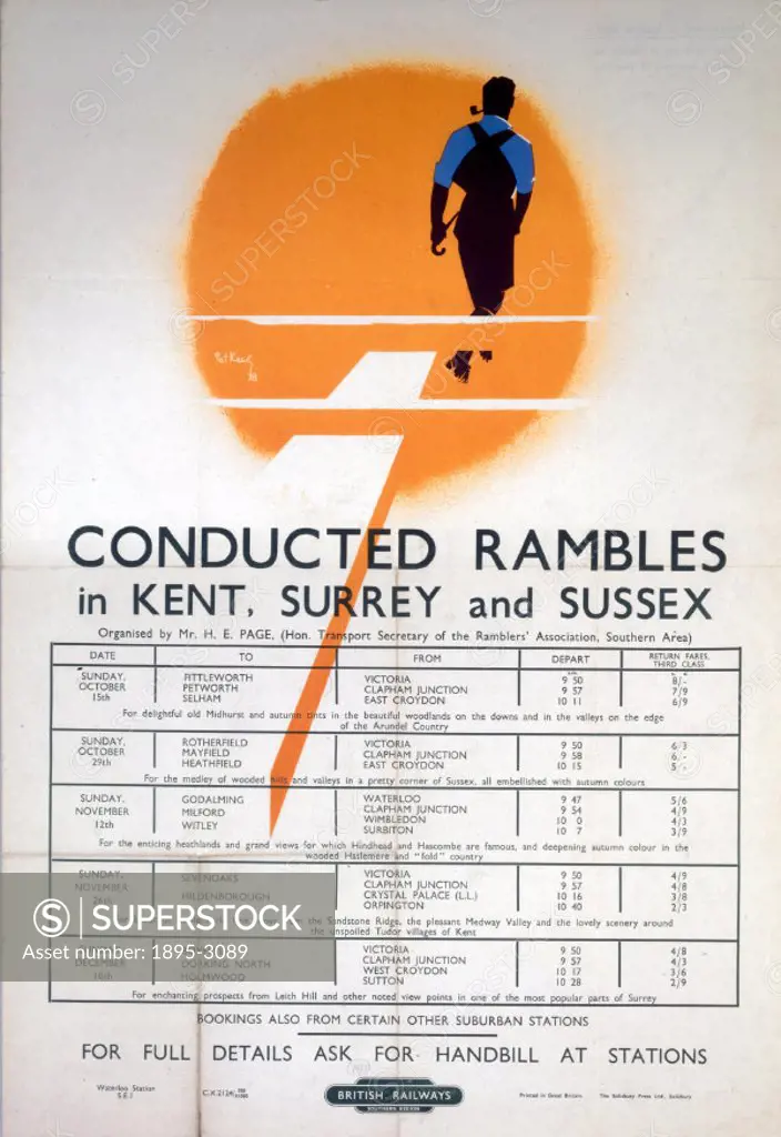 BR(SR) poster. Conducted Rambles in Kent, Surrey and Sussex by Pat Keely, 1950.