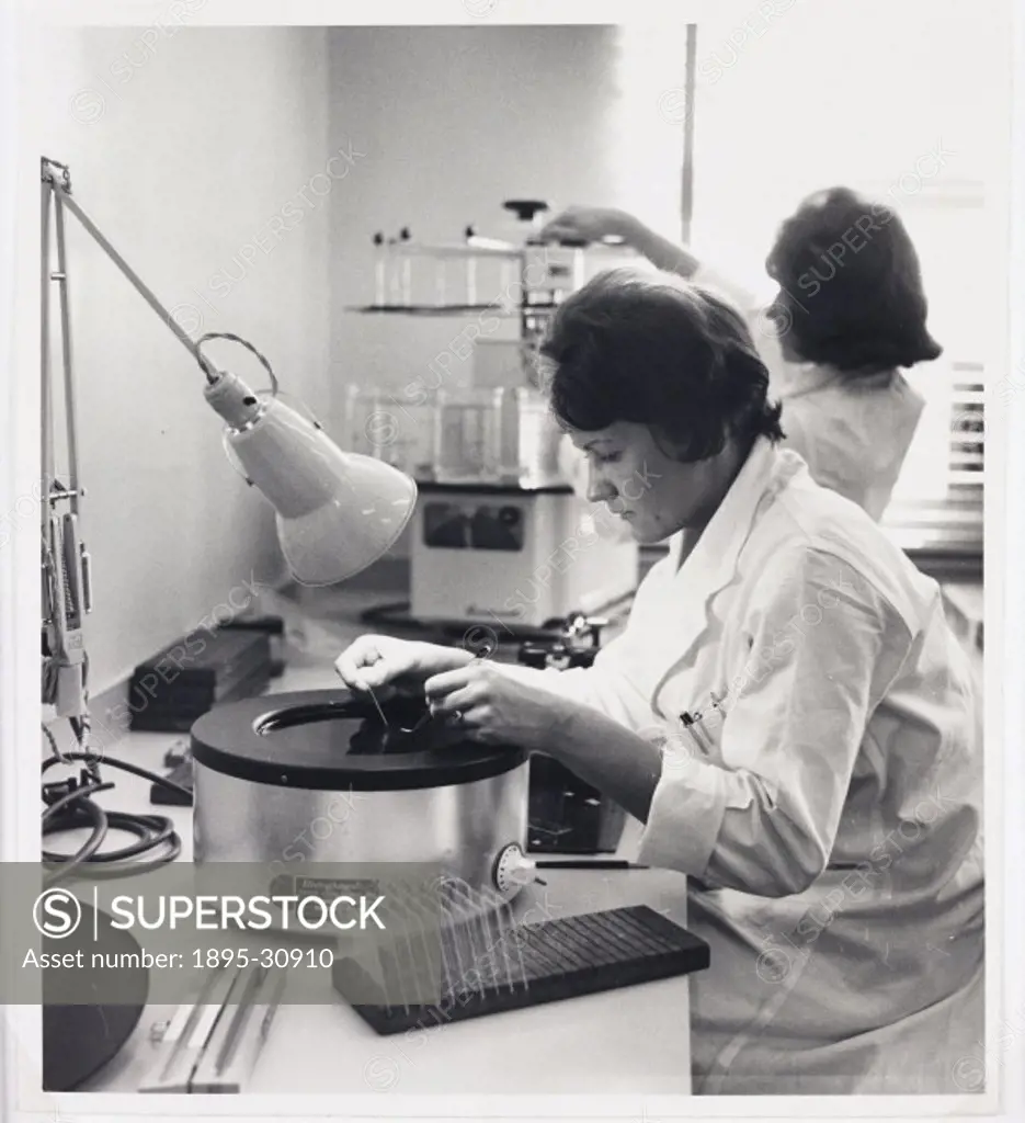 A photograph of two technicians working on tissue samples, taken by an unknown photographer for the Daily Herald newspaper in 1962. New drugs need tes...