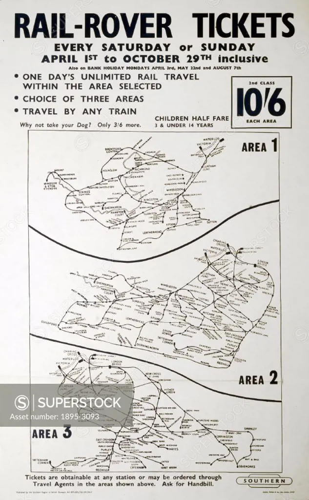 BR(SR) poster. Rail-Rover Tickets - Areas 1, 2 and 3, 1961.