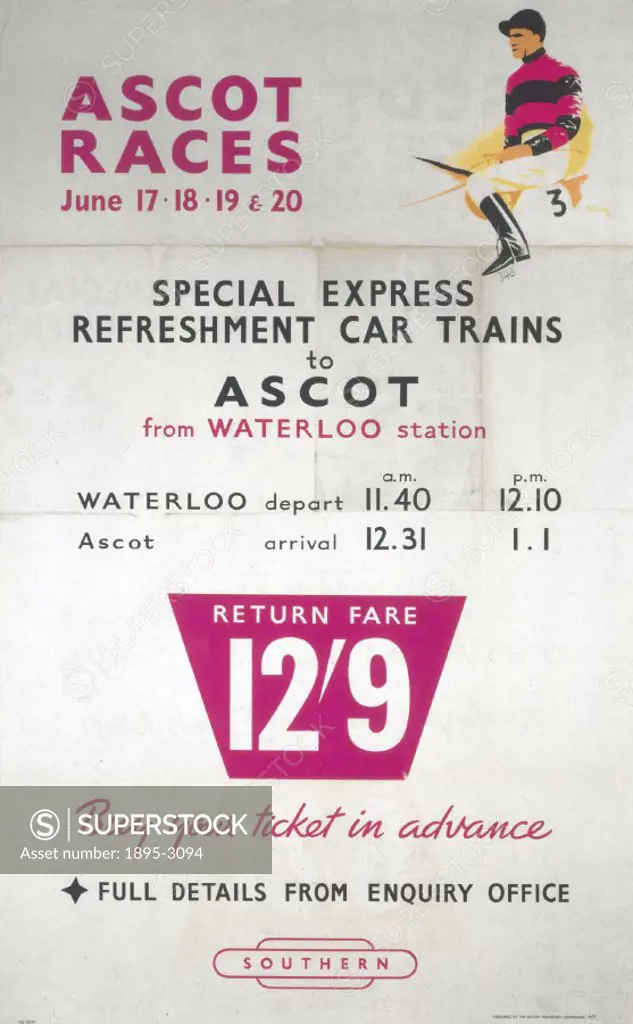 Poster produced by British Railways (BR) to promote train services to the Ascot races from Waterloo Station. The railway laid on special refreshment c...