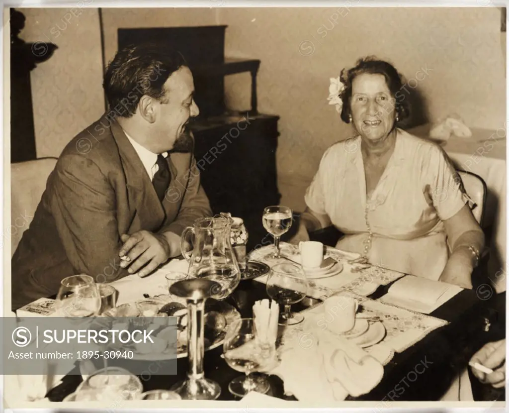 Doctor Marie Stopes (1880-1958) having lunch with Douglas Warth, taken just over a year before Marie Stopes´ death from cancer. Highly influential, St...
