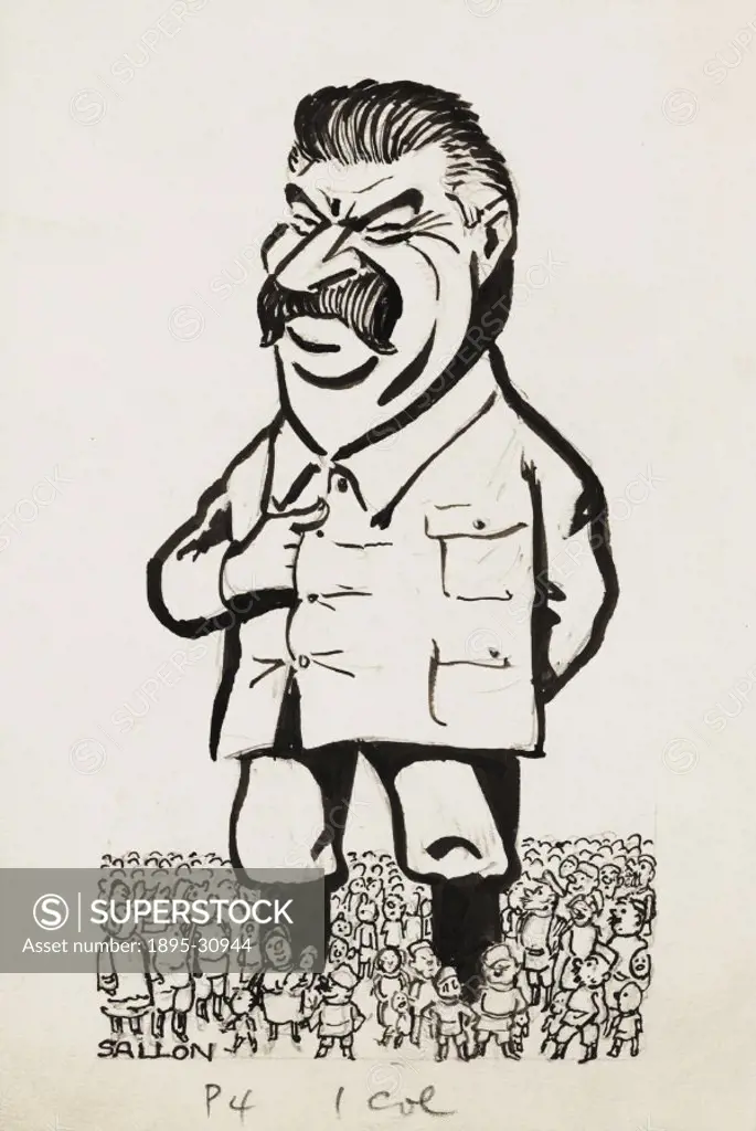 An ink cartoon of Josef Stalin (1879-1953), drawn by an unknown artist for the Daily Herald newspaper, in about 1935.  A giant Stalin towers over a cr...
