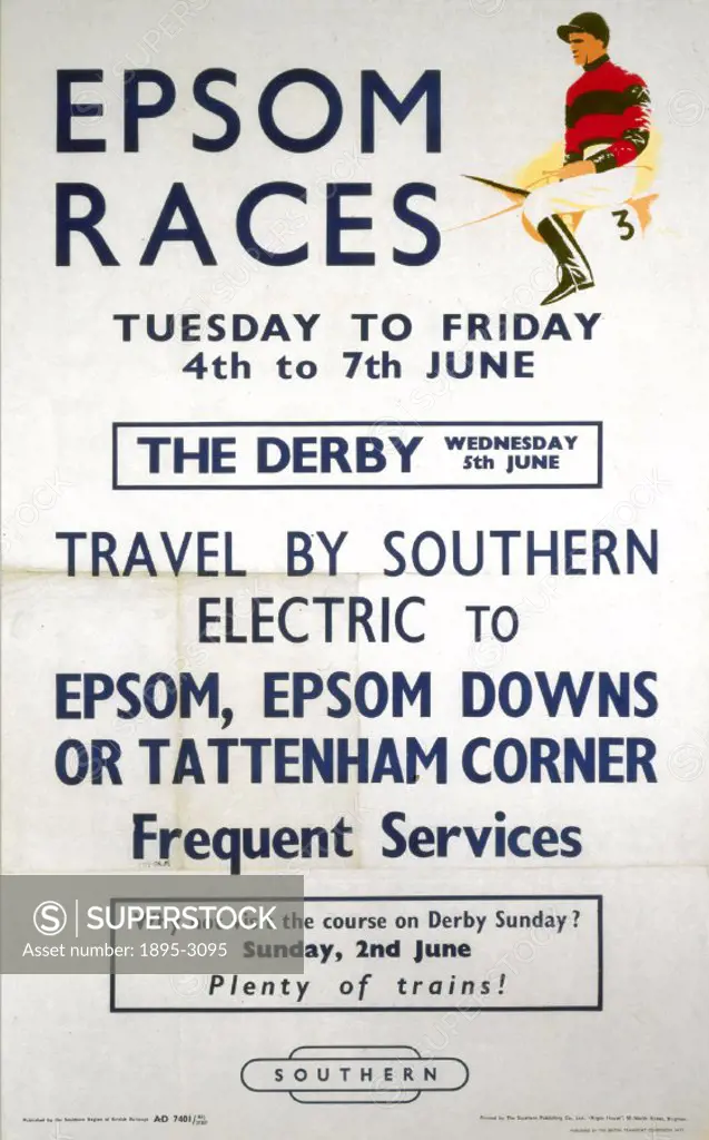 Poster produced by British Railways (BR) to promote train services to the Epsom Races from the 4 - 7 June 1957. Artwork by Patrick Cokayne Keely (d 19...