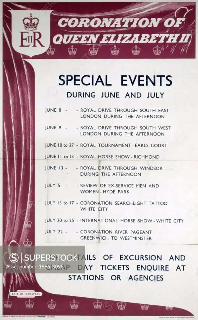 Poster produced for British Railways (BR) Southern Region (SR), advertising special events throughout June and July to honour the coronation of Queen ...