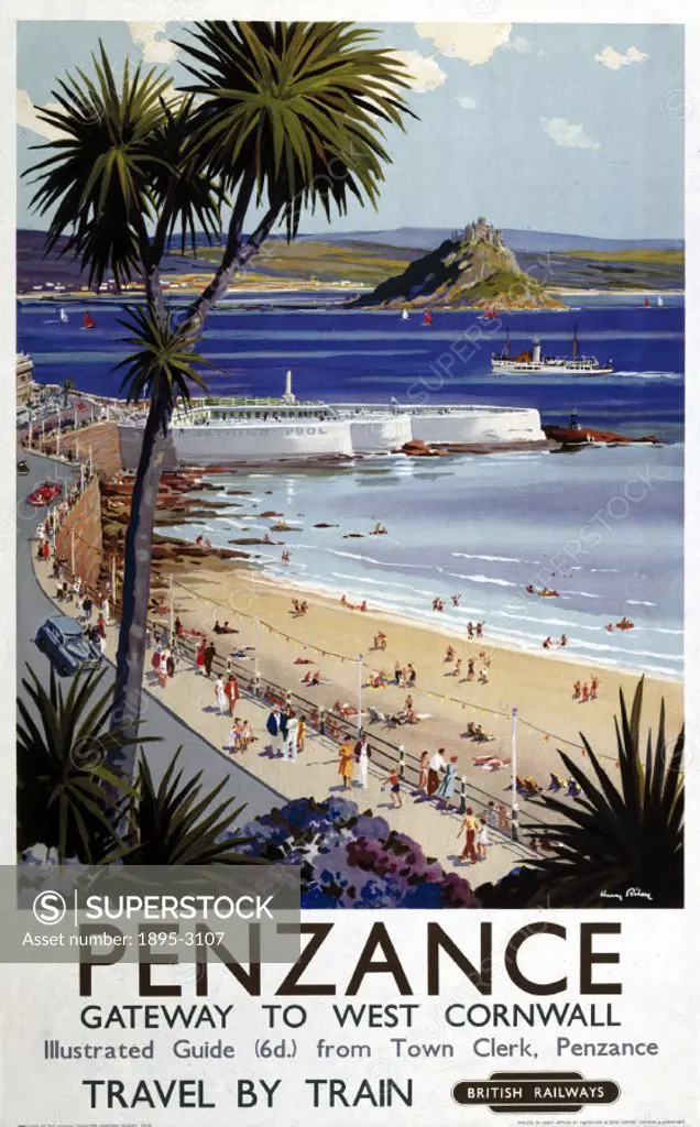 Poster produced for British Railways (BR) to promote train services to Penzance. Artwork by Harry Riley.