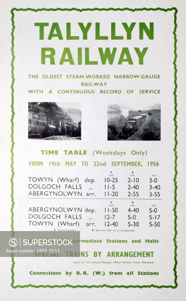 Talyllyn Railway poster. Talyllyn Railway - Time Table, 19 May-22 September 1956.