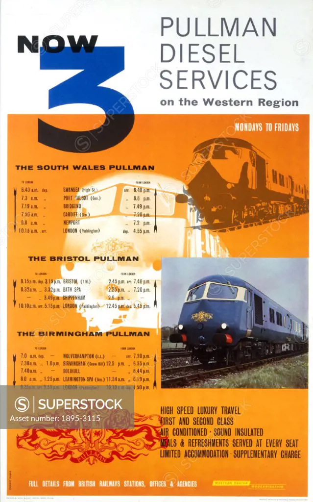 Poster produced for British Railways (BR) to promote the companys three new Pullman diesel services, with routes serving South Wales, Brighton, Birmi...