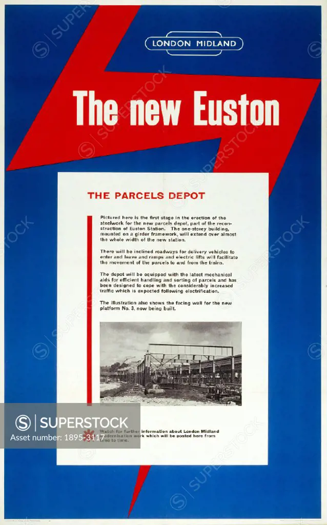 British Railways poster (London Midland region), depicting the first stage in the erection of the new parcels office.
