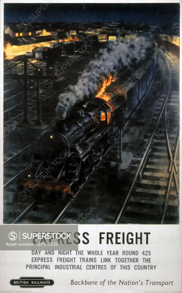 Poster produced for British Railways (BR) to promote the railways services to industry. The poster shows a steam locomotive hauling freight wagons du...