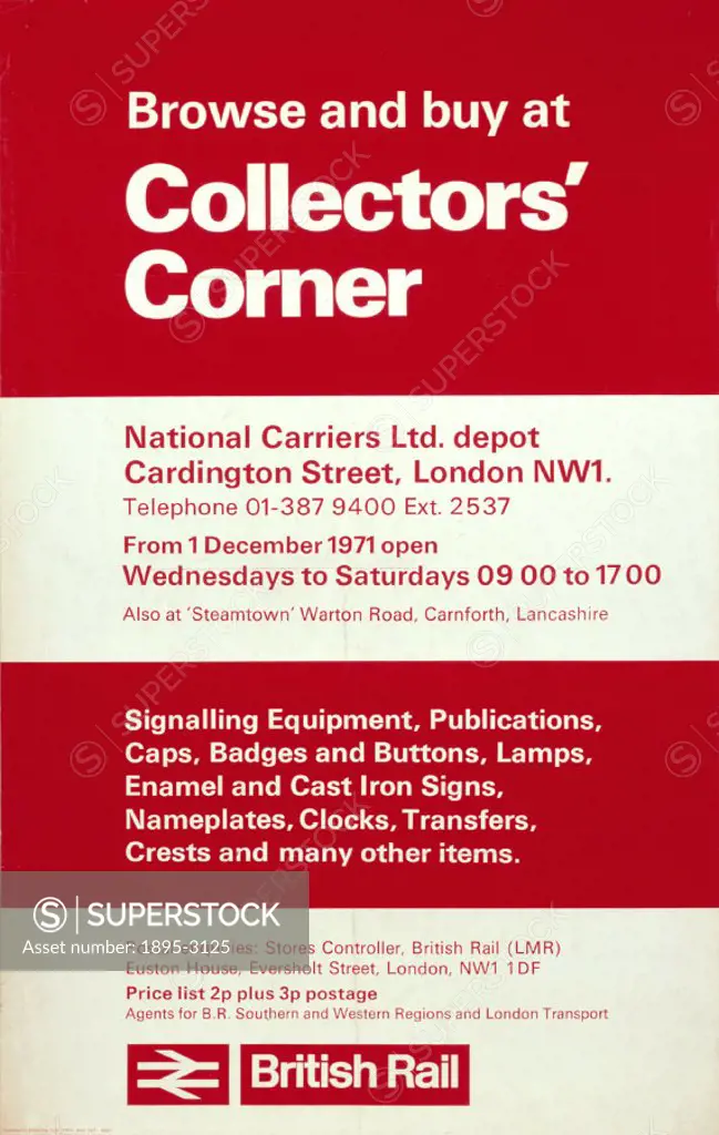 Poster produced for British Rail (BR) London Midland Region to promote a sale at the National Carriers Ltd depot, London, held for collectors of railw...