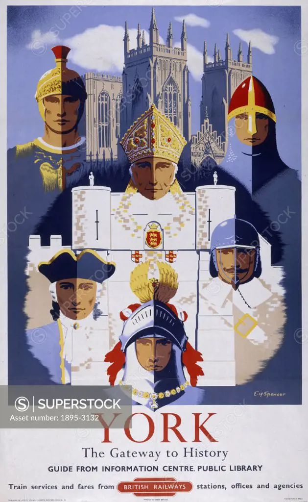 Poster produced by British Railways (BR) to promote rail travel to the city of York, Yorkshire. The poster shows a knight, cardinal, Roman centurion a...