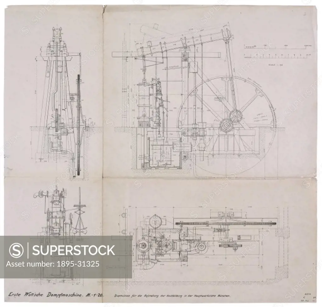 Drawings made in 1912 by the Deutsches Museum, Munich. The first recorded steam engine was built in 1712 by Thomas Newcomen. James Watt  was asked to ...